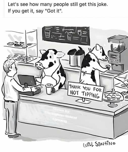 En tecknad bild av två kor som arbetar i ett kafé, serverar en kund. En skylt på disken säger "Thank you for not tipping".