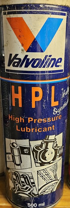 Valvoline HPL High Pressure Lubricant burk med blå och orange etikett och tekniska illustrationer, 500 ml. Används för bromsdamasker, enligt diskussion.