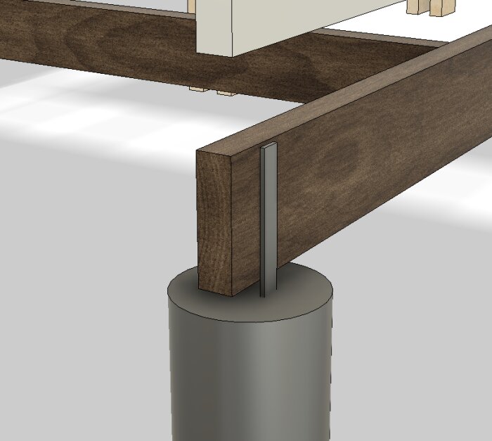 Skiss av en gjutform med stolpsko och träbalk monterad ovanpå, visar infästning av bärlina med tvärgående plintjärn för att förstärka hållfastheten i konstruktionen.