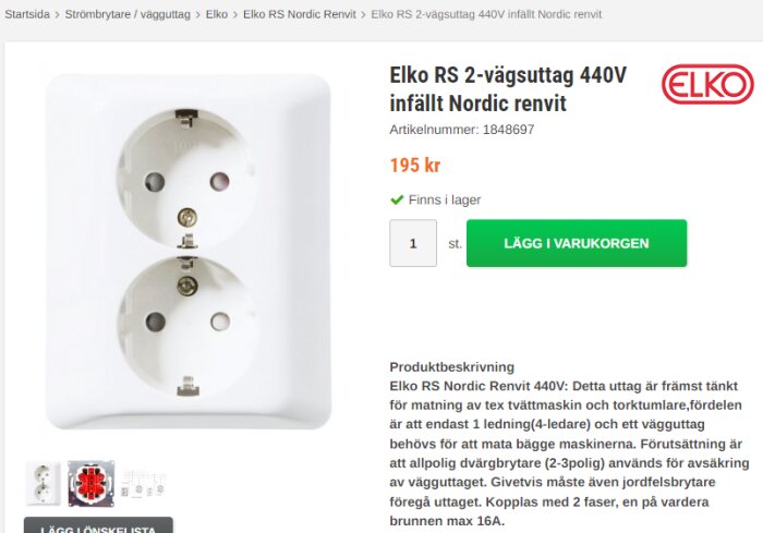 Elko RS 2-vägsuttag 440V infällt Nordic renvit. Produktbeskrivning och pris 195 kr, med Lägg i varukorgen-knapp.