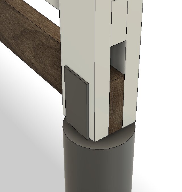 L-formad stolsko monterad på träram, exempel på byggnadsdetalj för bättre utseende och stabilitet från utsidan sett.