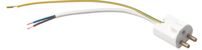 Stickpropp i närbild med vit kabel som innehåller tre isolerade kopparledningar för anslutning: gul/grön (jord), blå (neutral) och brun (fas).