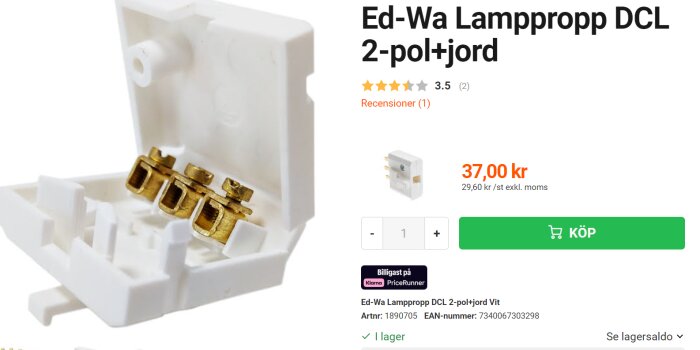 Ed-Wa Lamppropp DCL 2-pol+jord, vit, med tre guldfärgade kontakter inuti ett öppet hölje, pris 37 kr.