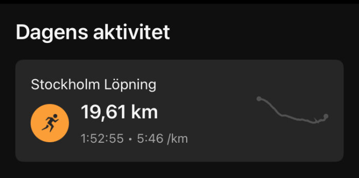 Skärmdump av träningsapp som visar "Stockholm Löpning". Aktiviteten är 19,61 km lång, tog 1 timme och 52 minuter med en genomsnittlig hastighet på 5:46 per km.