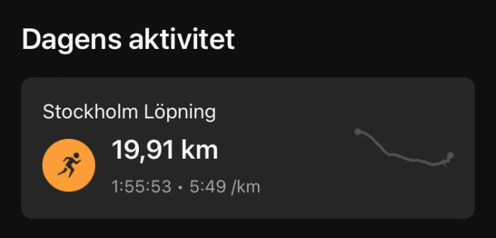 Skärmbild som visar dagens löpaktivitet i Stockholm: 19,91 km på 1 timme, 55 minuter och 53 sekunder med en genomsnittlig fart på 5:49/km.