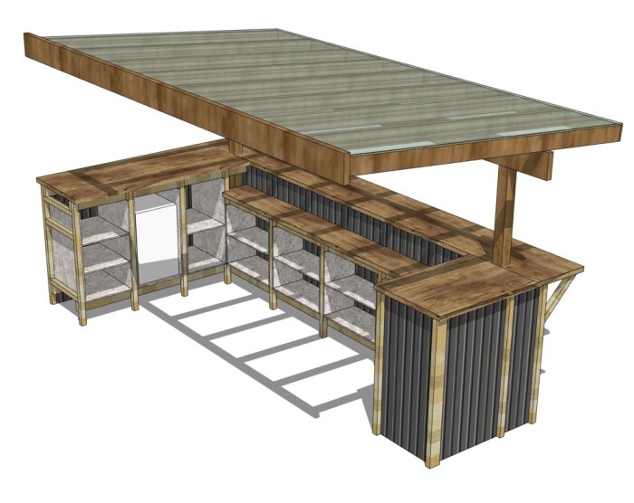 3D-ritning av en utomhusbar med plywoodskivor, hyllor och takskydd i trä, beskrivet som barskiva uppbyggd i limträ och hyllor i OSB-skivor målade vita.