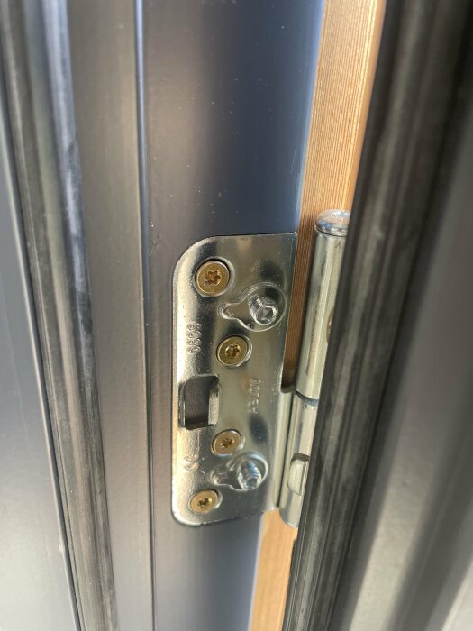Närbild på gångjärnssidan av en ytterdörr med flera skruvar i dörrkarmen.
