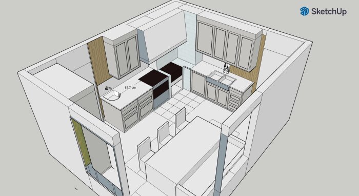 3D-ritning av ett kök med diskmaskin till vänster om en dubbelho och spis bredvid en vedspis, baserad på Ikea-stommar.