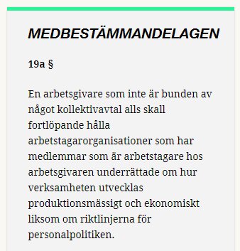 Bild av en sektion från Medbestämmandelagen som beskriver arbetsgivarens skyldigheter att informera arbetstagarorganisationer fortlöpande enligt paragraf 19a.