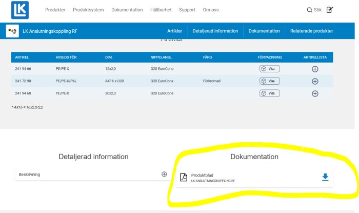 Webbsida med detaljerad information och dokumentation om LK Anslutningskoppling RF, inklusive produktblad för nedladdning, markerat med gult.