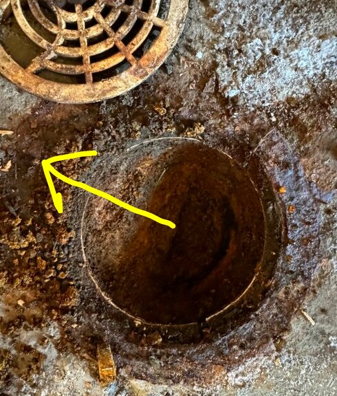 Avloppsbrunn i golvet med rostig galler och smuts runt omkring, gult streck och pil pekar på en öppning under en "läpp" där vatten rinner ut ur brunnen.