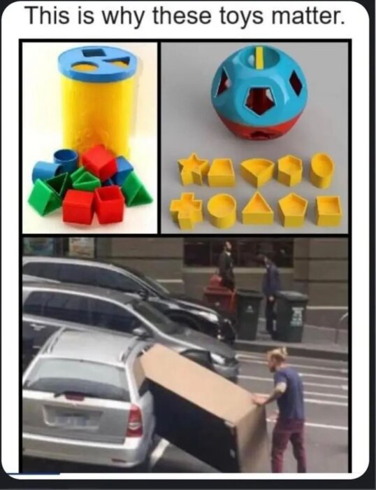 Överst: två leksaker för att matcha former. Nederst: en person försöker att lägga en stor rektangulär låda i en bil, som inte passar.