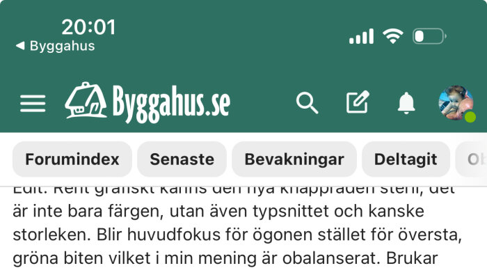 Skärmdump av Byggahus.se forum i Safari på en mobil, visar toppmeny med klockan 20:01 och kategorier: Forumindex, Senaste, Bevakningar, Deltagit.