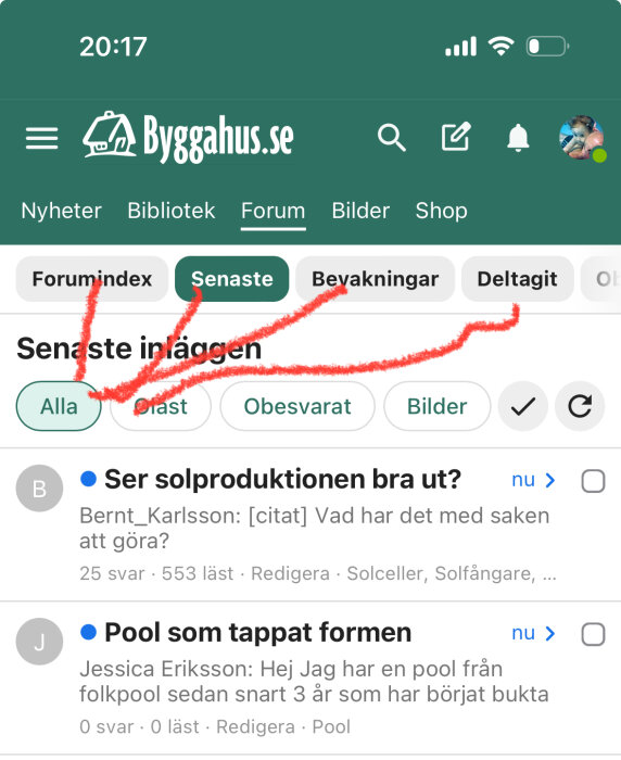 Mobilvy av Byggahus.se-diskussionsforum där "Senaste" inlägg-sektionen är markerad med röd markering, med knappar i grå och grön färg.