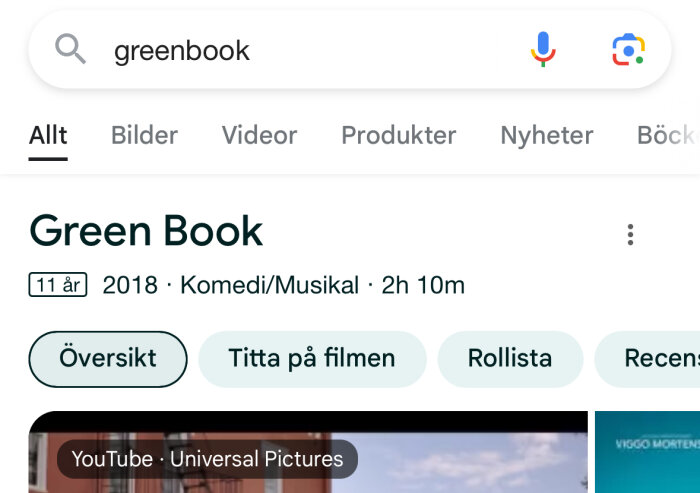 Söksida för filmen Green Book med ljusgröna knappar för "Översikt", "Titta på filmen", "Rollista" och "Recensioner".