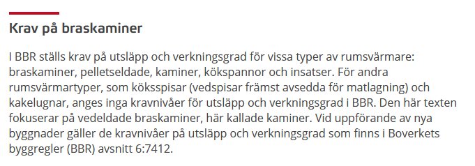 Skärmdump av Boverkets webbsida som beskriver krav på utsläpp och verkningsgrad för olika typer av rumsvärmare, inklusive braskaminer och köksspisar.