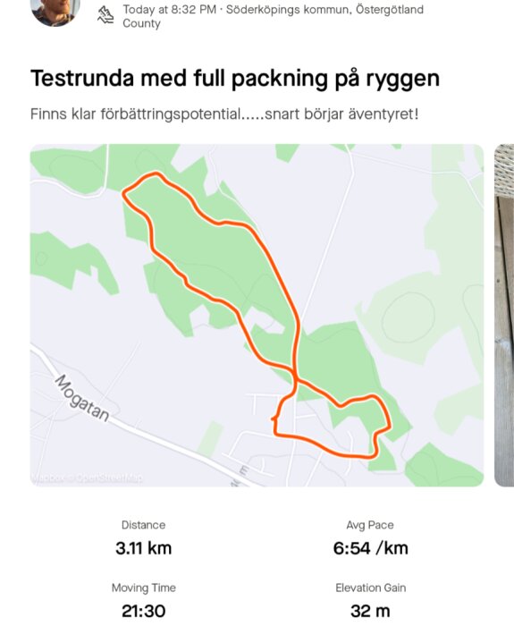 Karta som visar en löprunda på 3,11 km med start och mål vid Mogatan, Söderköping. Rundan har en snitthastighet på 6:54 min/km och höjdökning på 32 meter.