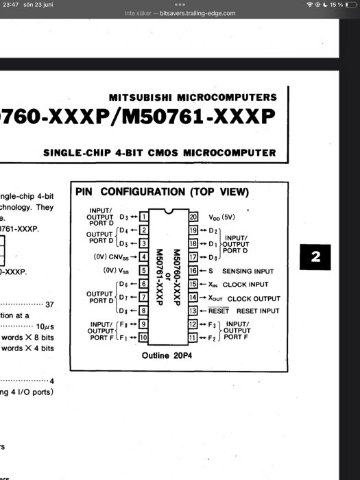 Datablad för Mitsubishi Microcomputers' M50760-XXX/M50761-XXXP, en single-chip 4-bit CMOS mikrodator med pin-konfiguration i toppvy specificerad.