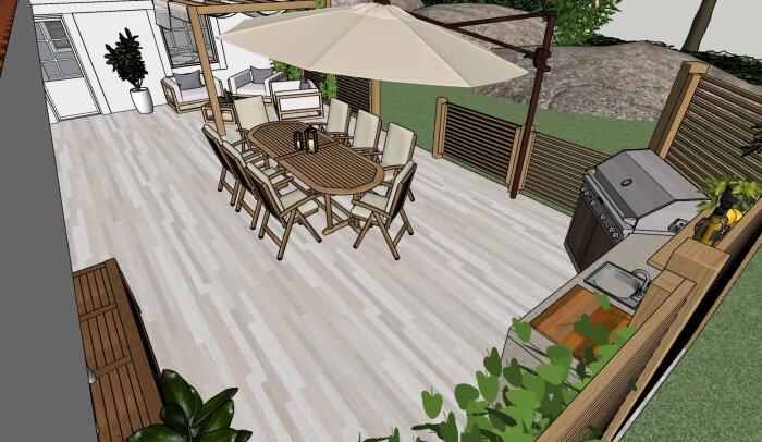 3D-ritning av en altan med ett stort matbord, solparasoll, grill, diskbänk och sittplatser. Vissa trämöbler är placerade längs husväggen på den gråa träytan.