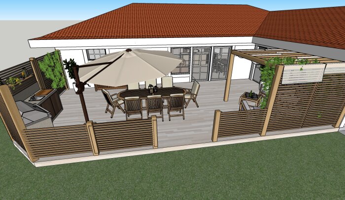 3D-ritning av en altan med trädgårdsmöbler, parasoll, spaljéer och insynsskydd, en pergola i hörnet, samt ett utekök med grill och vask.