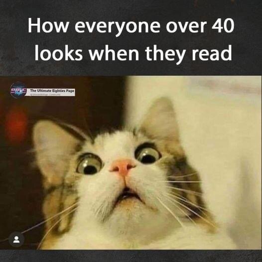 Bild på en katt med vidöppna ögon och uppspärrade öron under texten "How everyone over 40 looks when they read".