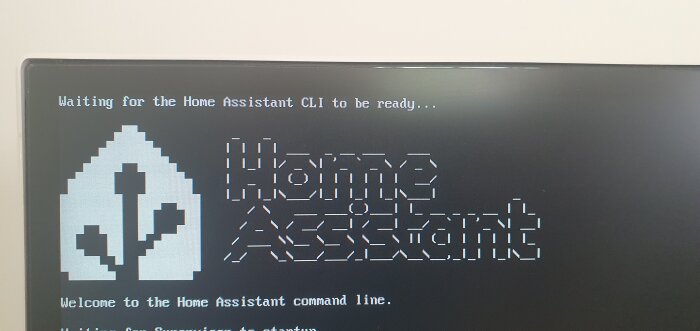 Välkomstskärm för Home Assistant CLI på en Raspberry Pi med texten 'Waiting for the Home Assistant CLI to be ready... Welcome to the Home Assistant command line.'