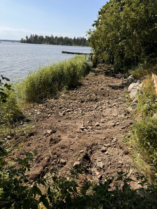 En nyligen grävd strandnära mark med utsikt över en sjö, omgiven av grönska och träd, med en brygga i bakgrunden.