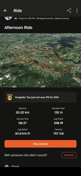 Karta från en cykelapp som visar en cykelrutt i och runt Borlänge och Falun. Ruttens längd är 30,22 km med total stigning på 132 m.