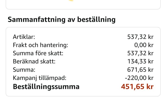 Sammanfattning av beställning med en ordersumma på 537,32 kr, skatter på 134,33 kr och en slutgiltig summa på 451,65 kr efter en rabatt på 220 kr.