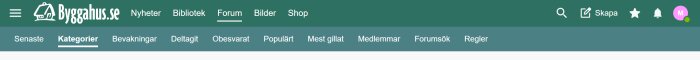 Menyrad från Byggahus.se med gröna flikar, huvudflikar som Nyheter och Forum överst, och underflikar som Senaste och Kategorier med understruken markering.
