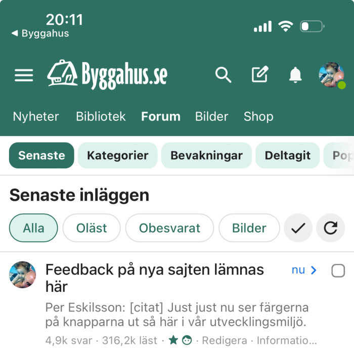 En skärmbild av Byggahus.se forum sida som visar senaste inlägg och menybord med alternativ som Senaste, Kategorier och Bevakningar.