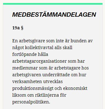 Utklipp av text från lagen om medbestämmande i arbetslivet (MBL), paragraf 19a, som beskriver arbetsgivares skyldigheter att informera arbetstagarorganisationer om verksamheten och personalpolitiken.