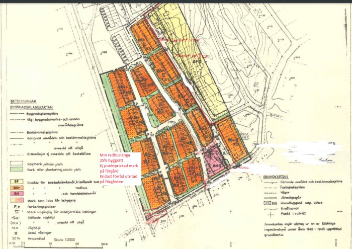 Karta över detaljplan för radhusområde i Stockholm, markerad med byggnadsgränser, fastighetsgränser, och specifika regler för markanvändning.