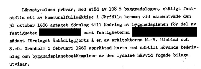 Text från länsstyrelsen som fastställer ändringar i byggnadsplanen för delar av Järfälla kommun antagna 1960-10-31, inkluderar karta och byggnadsplanebestämmelser.