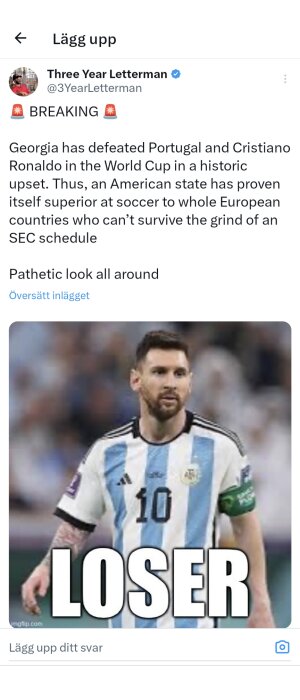 En bild på en fotbollsspelare i en argentinsk landslagströja med texten "LOSER" över bilden. Text från inlägget syns även ovanför.