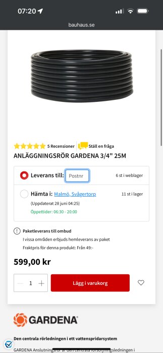 Svart slang från Gardena, 25 meter, 3/4-tums diameter, produktsida på Bauhaus.se, 599 kr, fem stjärnor, i lager för leverans och upphämtning.