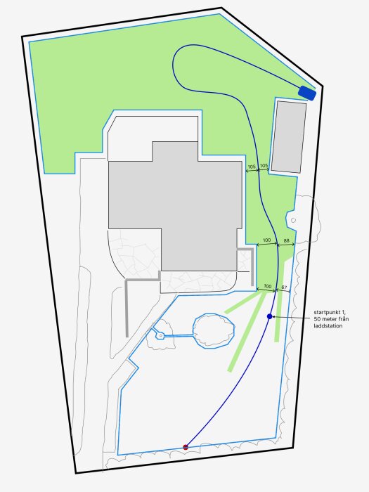 Karta som visar gräsmatta uppdelad i två sektioner med markerad guidekabel för robotgräsklipparen Gardena Sileno Life 800, startpunkt och laddstation.