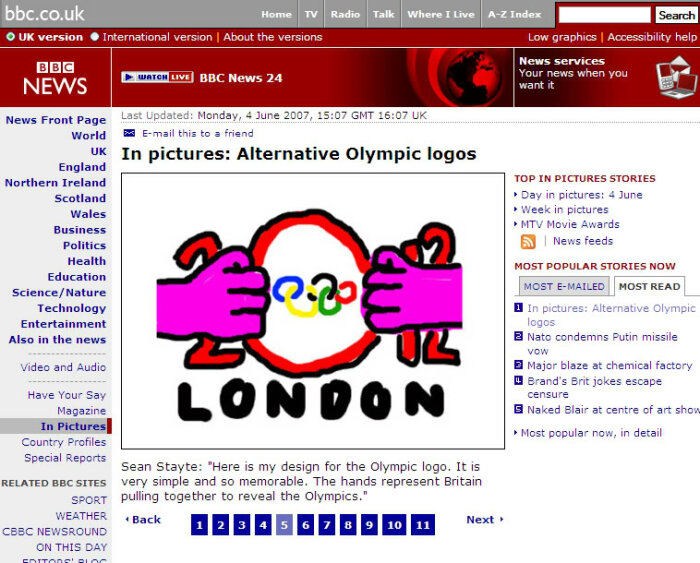 Skärmdump från BBC News som visar en tecknad alternativ OS-logotyp för London 2012 med två rosa händer som drar isär en oval med OS-ringarna.