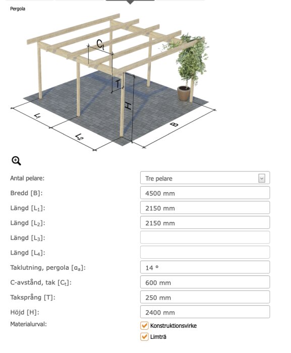 Måttsatt 3D-modell av pergola med tre pelare och detaljerade måttuppgifter inklusive bredd, höjd, taklutning och materialval. Materialalternativ är konstruktionsvirke och limträ.