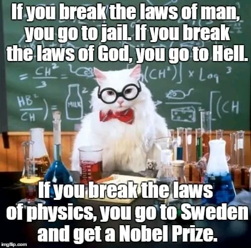 En bild på en katt klädd i en röd fluga och glasögon, omgiven av laboratorieutrustning, med text om att bryta olika lagar och belönas med Nobelpris.