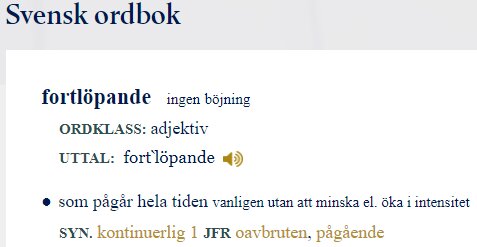 Skärmdump av Svensk ordbok med definitionen av ordet "fortlöpande", som anges vara ett adjektiv utan böjning.