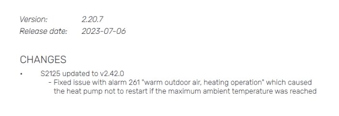 Changelog för firmwareversion 2.20.7, släppt 2023-07-06, med uppdatering S2125 till v2.42.0 som åtgärdat ett problem med värmepumpens larm vid hög utomhustemperatur.