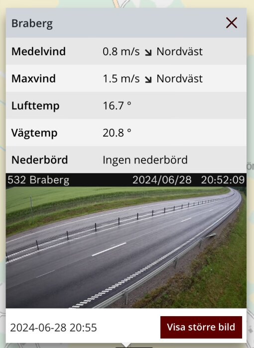 Vägväderstation Braberg visar medelvind 0,8 m/s nordväst, maxvind 1,5 m/s nordväst, lufttemp 16,7 °C, vägtemp 20,8 °C, ingen nederbörd samt en bild på en väg.