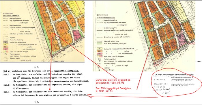 Detaljplaner från 1958 och 1961 visar olika byggnadsrätter och detaljer såsom parkeringar och bostadstyper på en karta över ett kvarter.