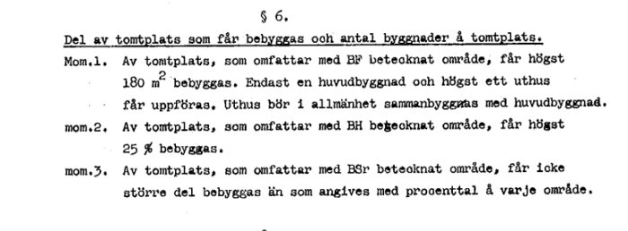 Detaljplan från 1958 med regler för bebyggelse på tomtplatser, inklusive byggnadsprocent för olika områden som BF, BH och BSr.