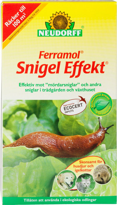 Förpackning av Neudorff Ferramol Snigel Effekt, ett bekämpningsmedel mot sniglar i trädgården, med bilder av en snigel och husdjur.