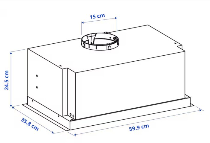 Ritning på IKEA kåpamodell Underverk med måtten 59,9 cm i bredd, 24,5 cm i höjd och 35,8 cm i djup, samt med ett hål för ventilationsrör på 15 cm i diameter.