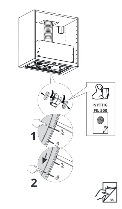 Illustration som visar en köksfläkt från IKEA monterad med ventilationskanal på toppen och kolfilter på sidorna, samt instruktioner för montering av skarvmuff.