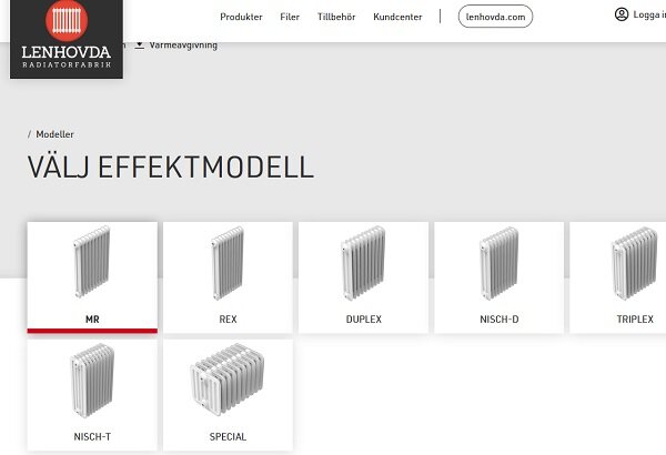 Skärmbild av Lenhovda Radiatorfabrikens webbplats som visar olika modeller av sektionsradiatorer, inklusive MR, REX, DUPLEX, NISCH-D, TRIPLEX, NISCH-T och SPECIAL.