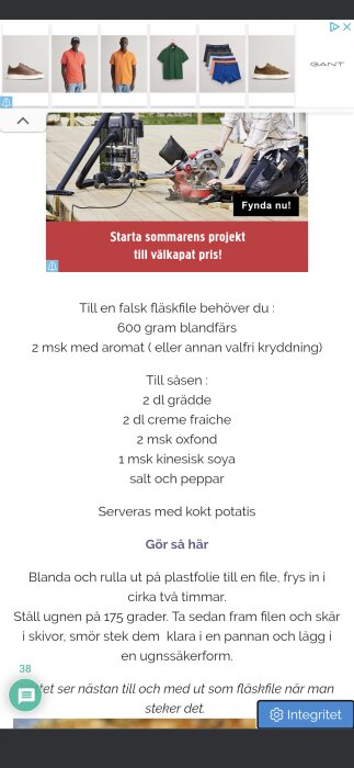 Recept på falsk fläskfilé inklusive ingredienser och instruktioner från Jennys Matblogg, med en reklam för verktyg och byggmaterial ovanför.